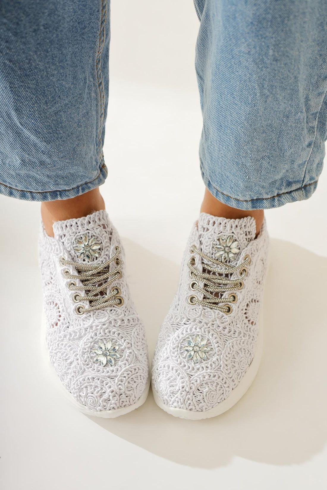 Matty White Stone Detailed Knitted Sneakers