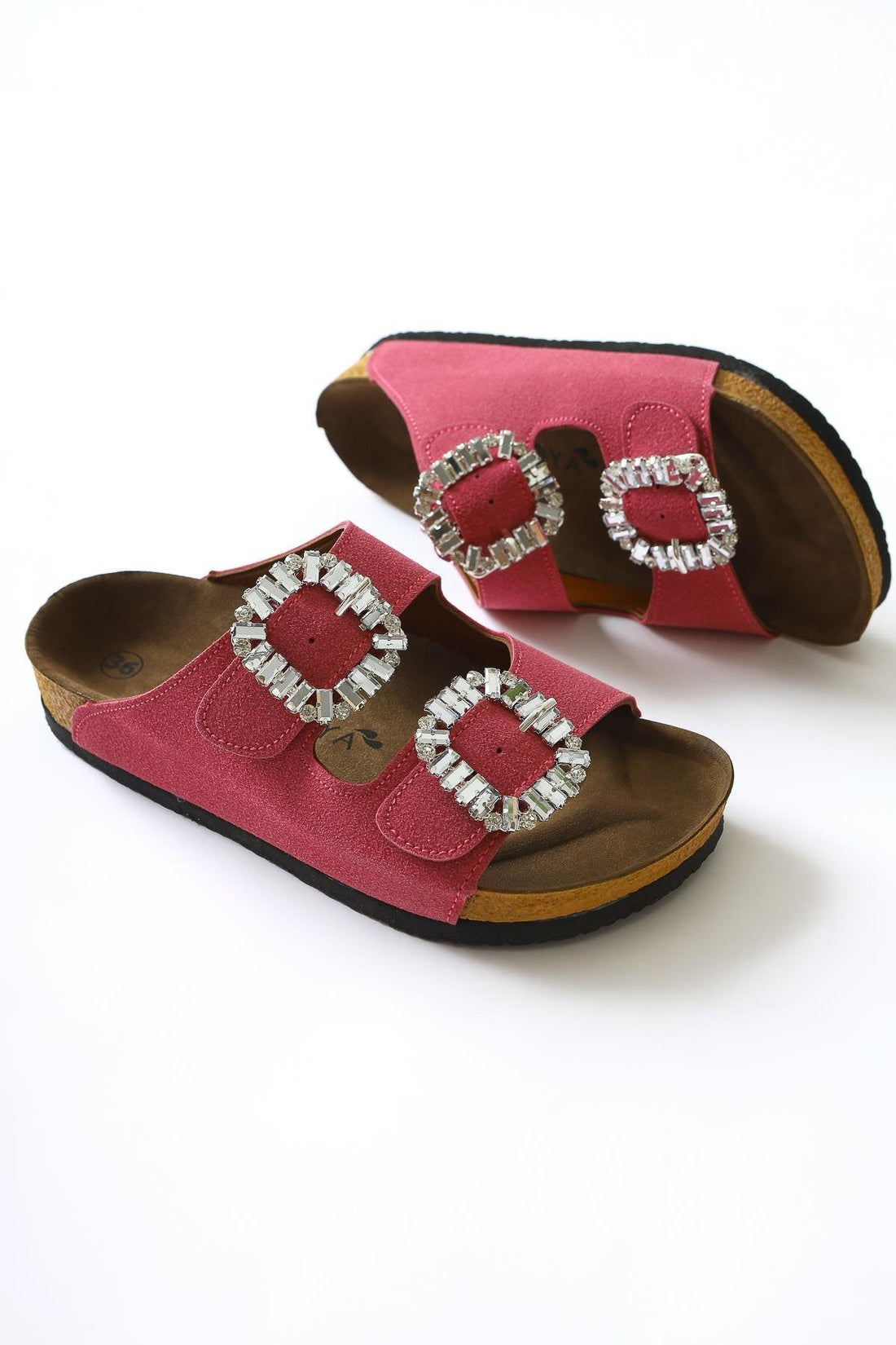 Brisa Fuchsia Suede Stone Detailed Buckled Double Strap Slippers