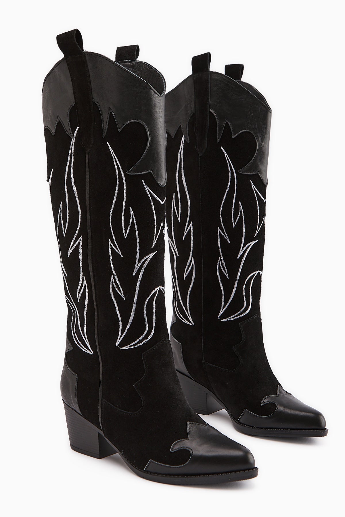 Lara Genuine Leather Black Suede Embroidered Western Boot with Leather Detail