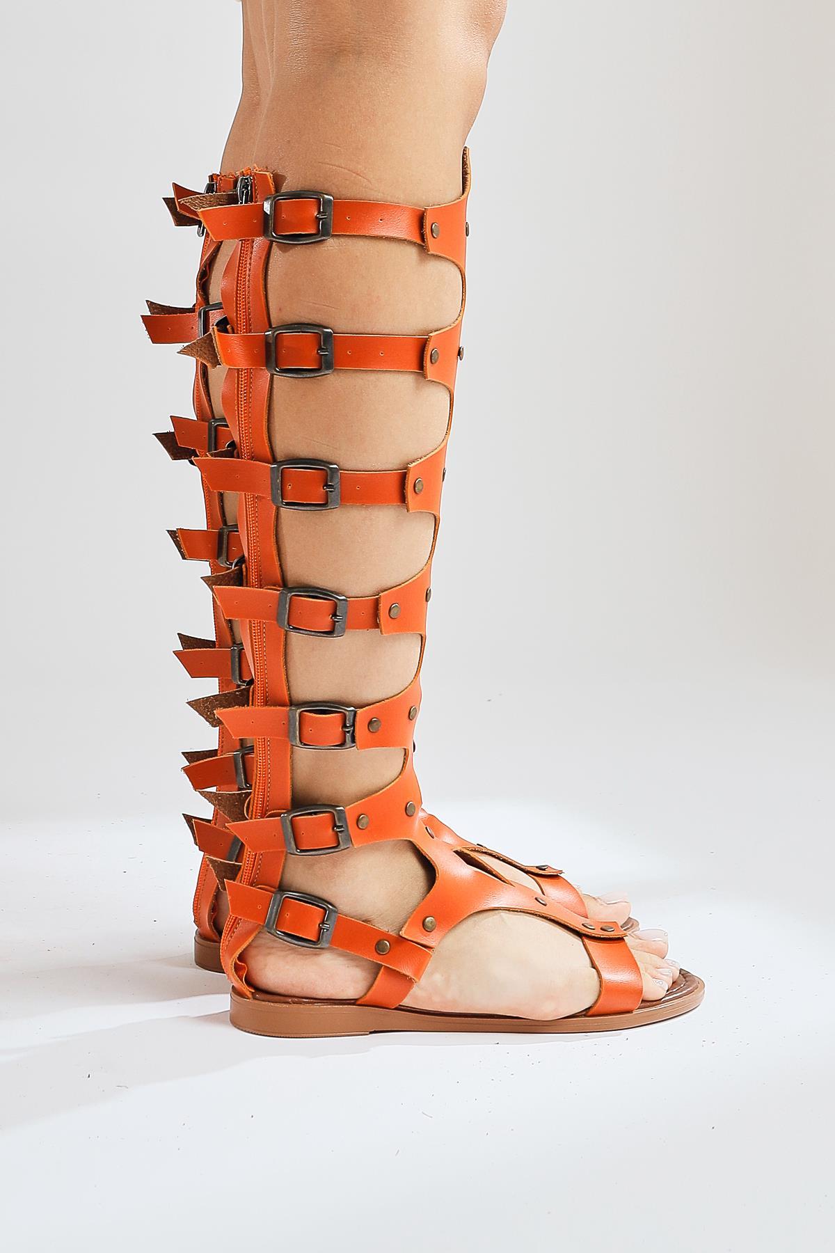 Haixia Genuine Leather Orange Gladiator Sandals