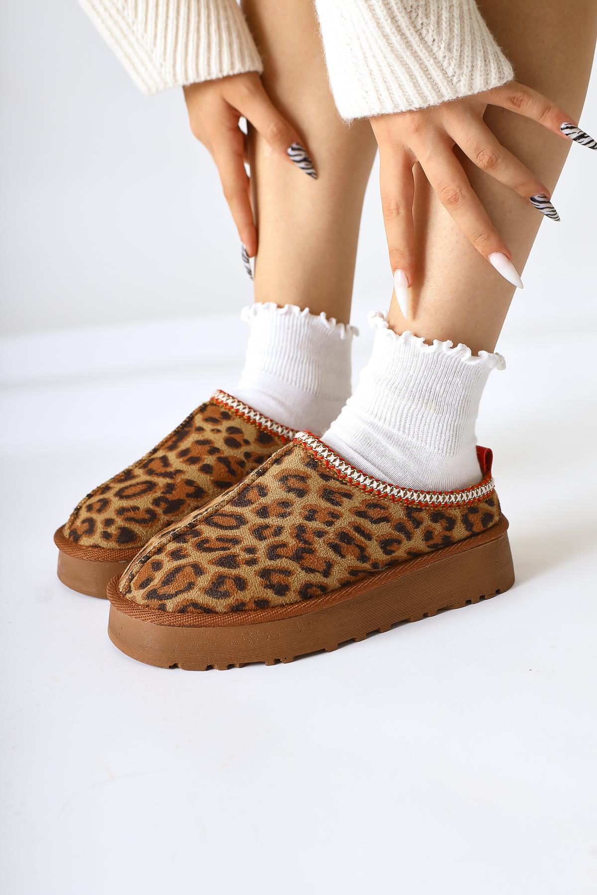 Anne-Liis Leopard Patterned Suede Woven Detailed Winter Slippers