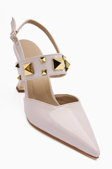 Jasmine Beige Patent Leather Closed Toe Heeled Women's Shoes