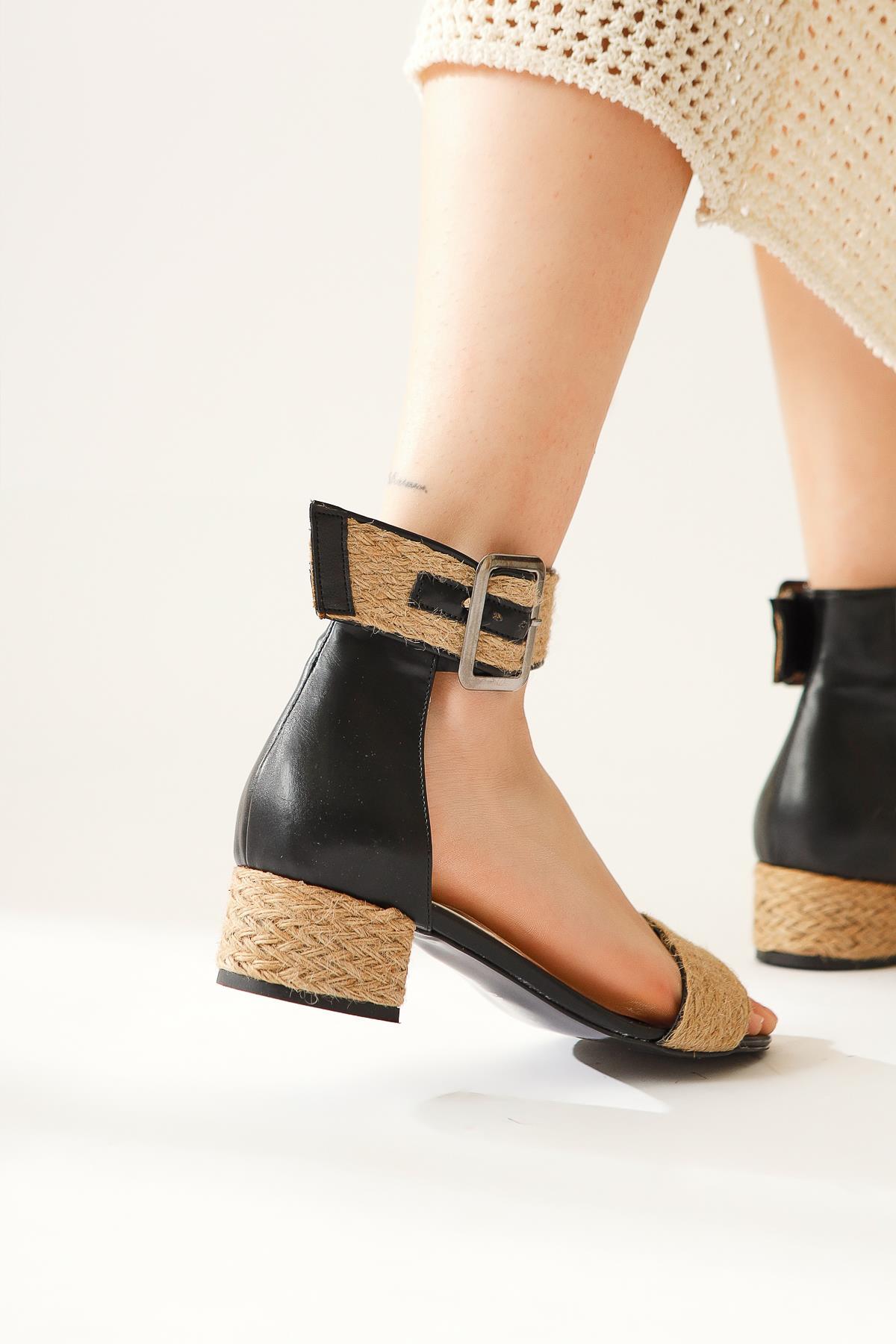 Ariola Black Thick Straw Strappy Sandals