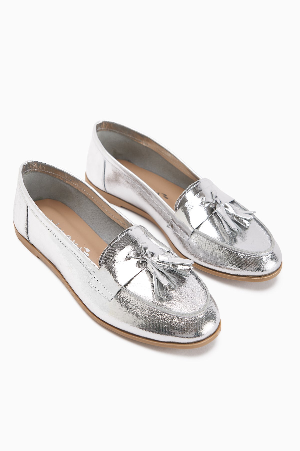 Doris Genuine Leather Metallic Silver Tasseled Women's Loafer