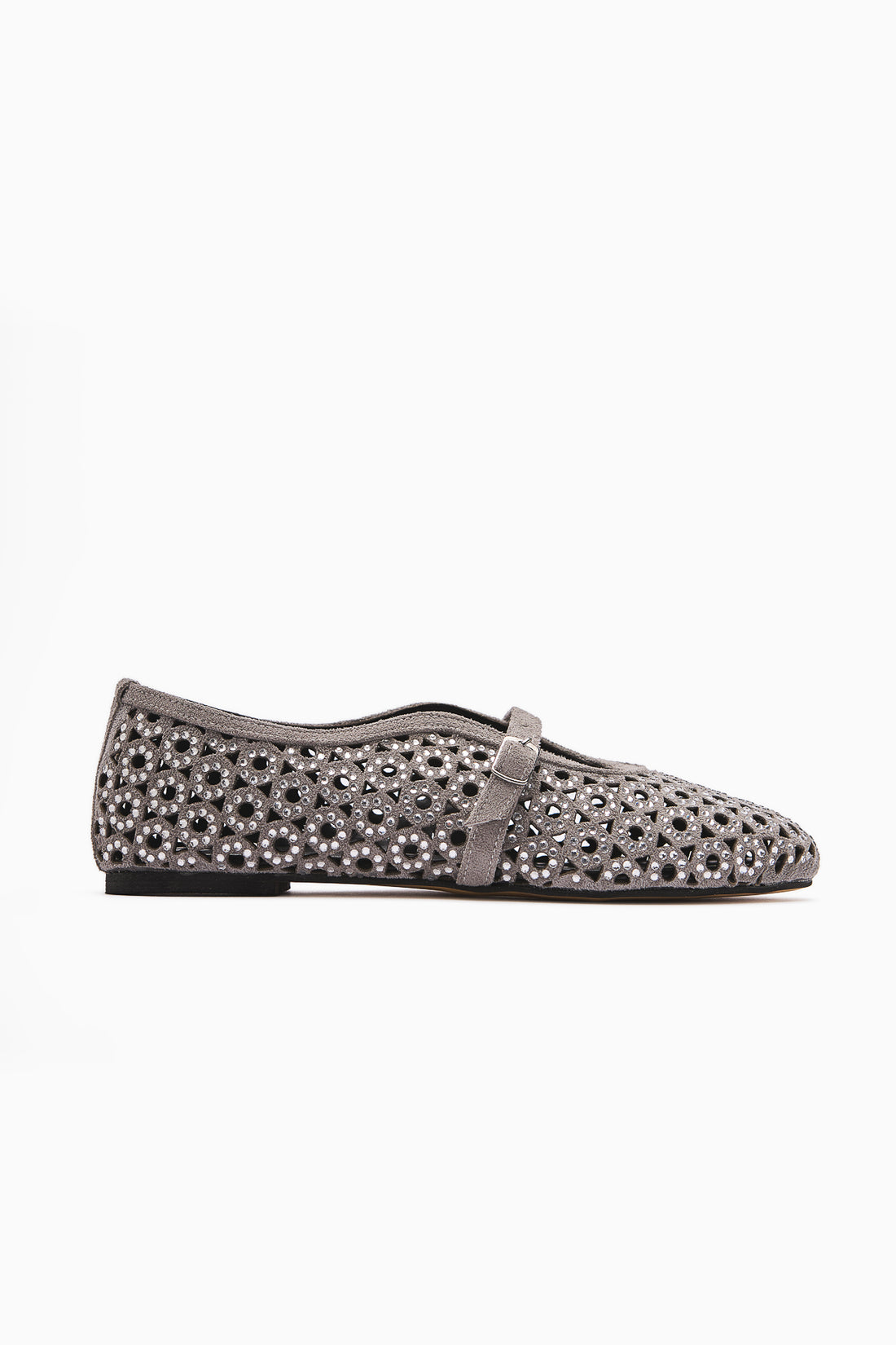 Nicki Gray Suede Oval Toe Perforated Stone Detailed Single Strap Daily Women's Shoes
