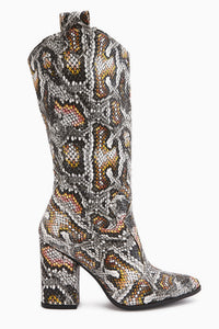 Keri Schlangenprint Asymmetrischer Schnitt Damen Kurz Absatzstiefel