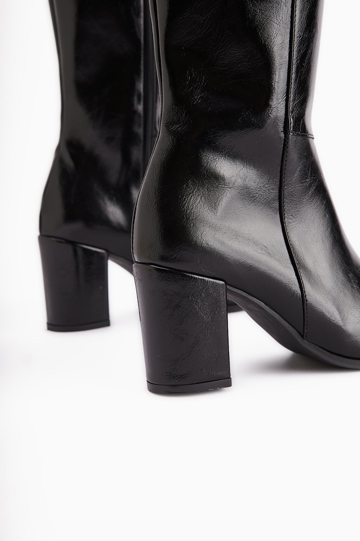 Tatum Black Wrinkled Patent Pointed Mid Heeled Boot