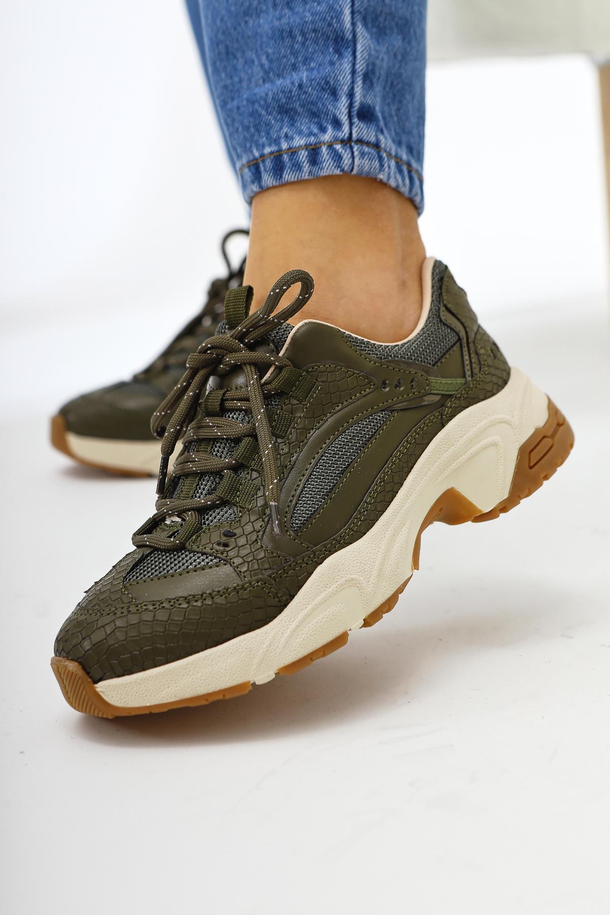 Caisa Olive Textil Detail Schnür Damen Sneakers