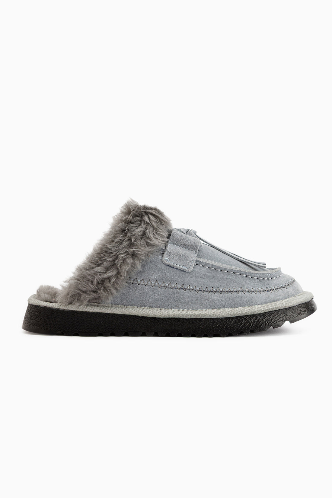 Tisha Grau Wildleder Fell Detail Damen Pantoletten