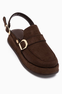 Gity Kaffee Wildleder Doppel Schnalle Damen Slingback Loafer Schuhe