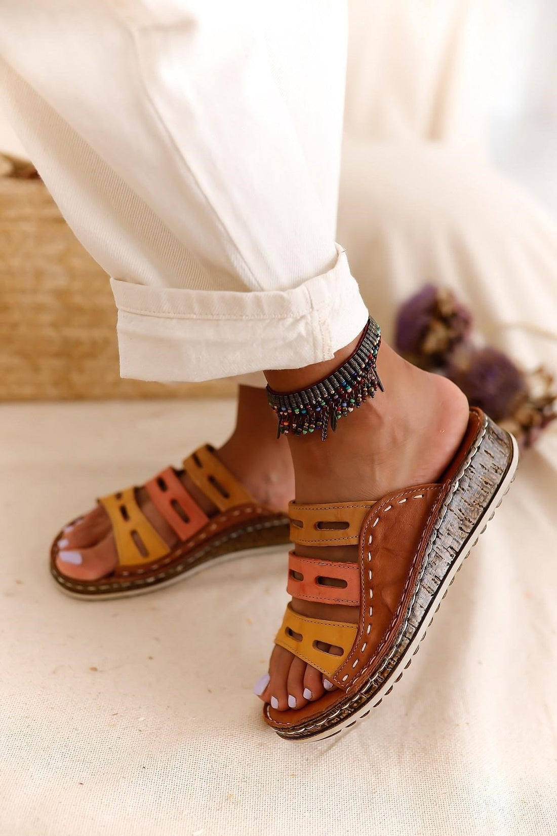 Joelle – Genuine Leather Cognac Mustard Orange Laser-Cut Slide (Women)