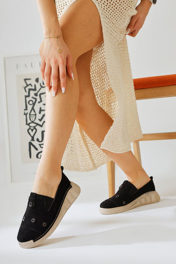 Bethina Black Suede Rivet Detailed Laser Perforated Ballerinas