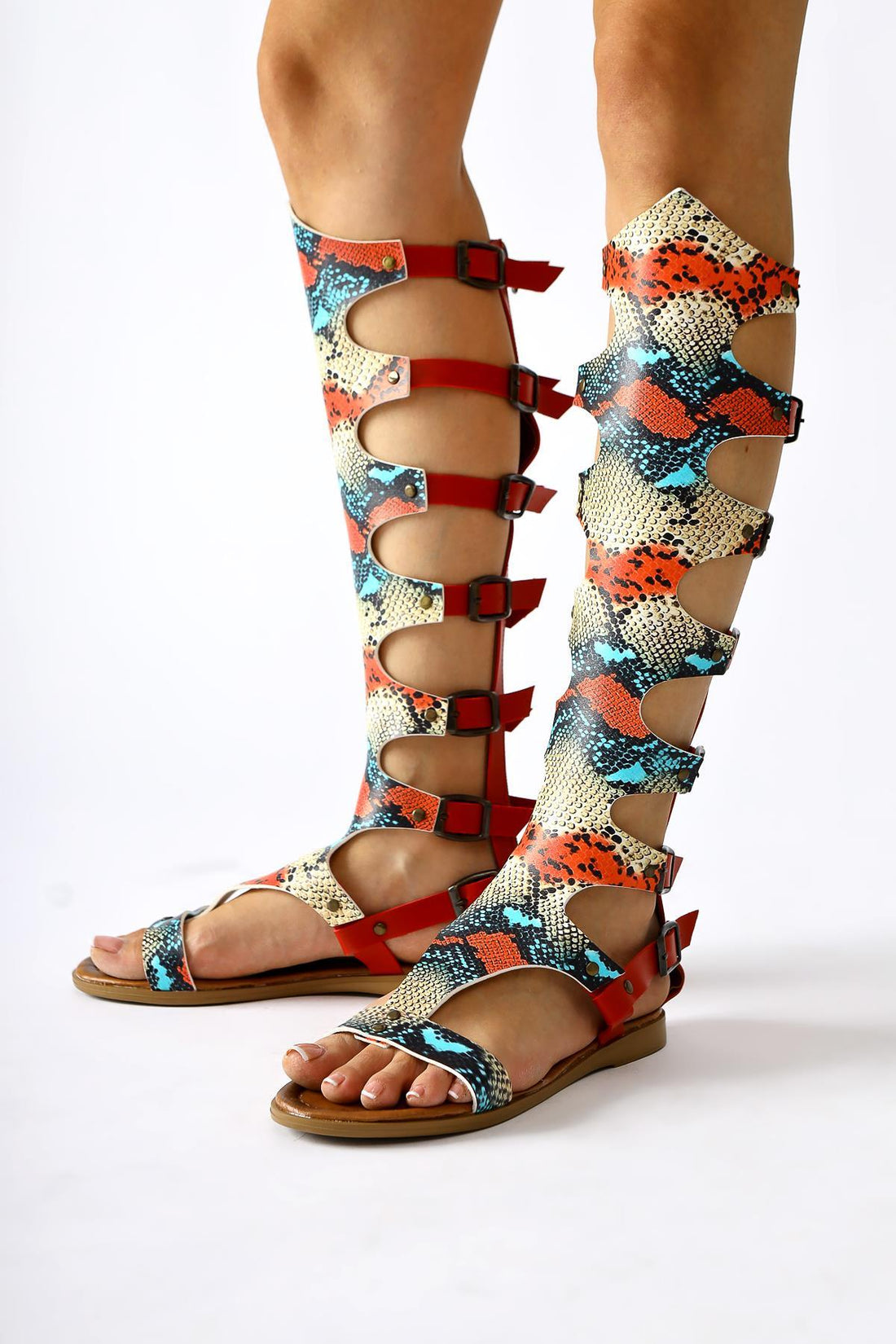 Echtes Leder Lilith Rot-Farbig Schlangenleder Muster Knöchel Gladiator Sandale