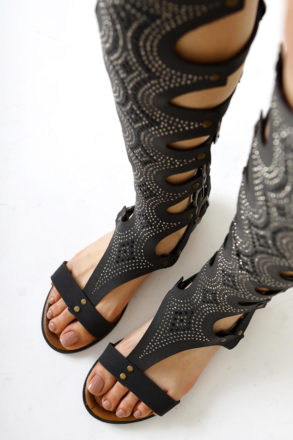 Genuine Leather Medusa Black Stone Detailed Below Knee Gladiator Sandals
