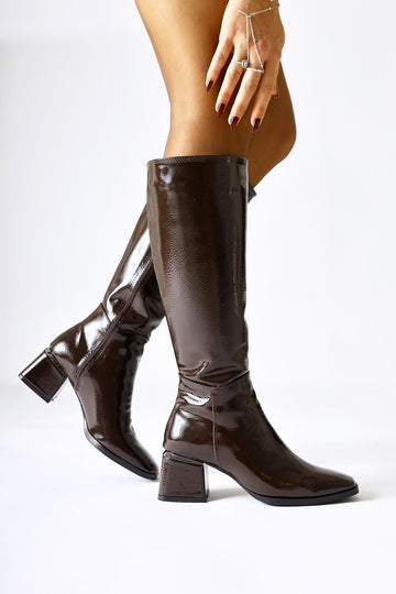 Miami Brown Patent Leather Blunt Toe Boots