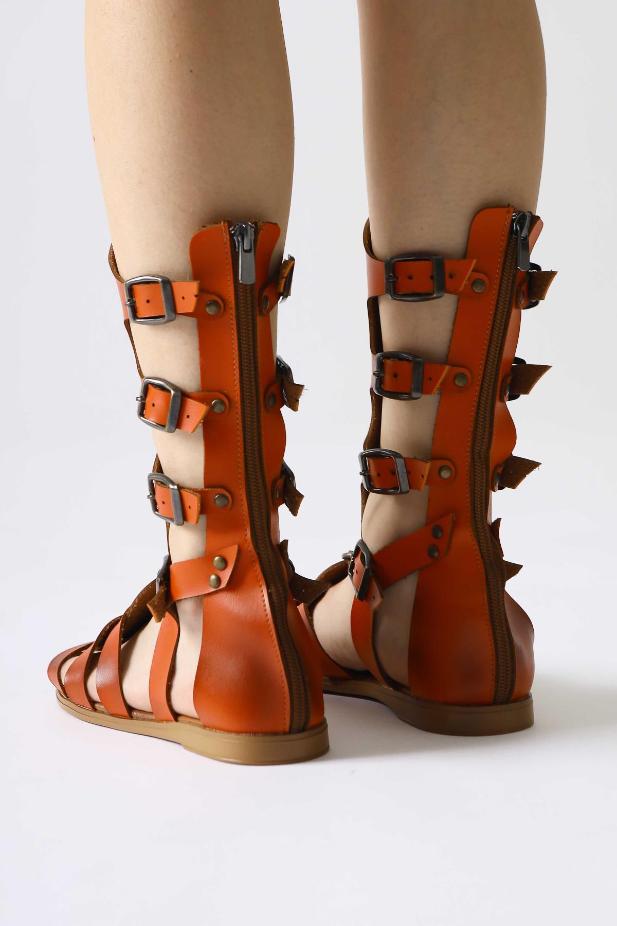 Genuine Leather Baisa Orange Flat Sandals with Buckle Detail