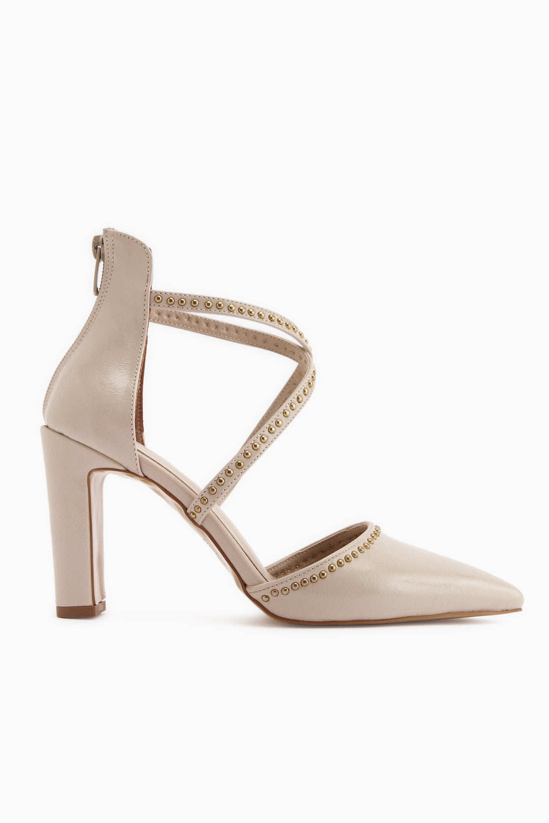 Neyla Beige Studded Cross-Strap Pointed Toe Women’s Heeled Shoes