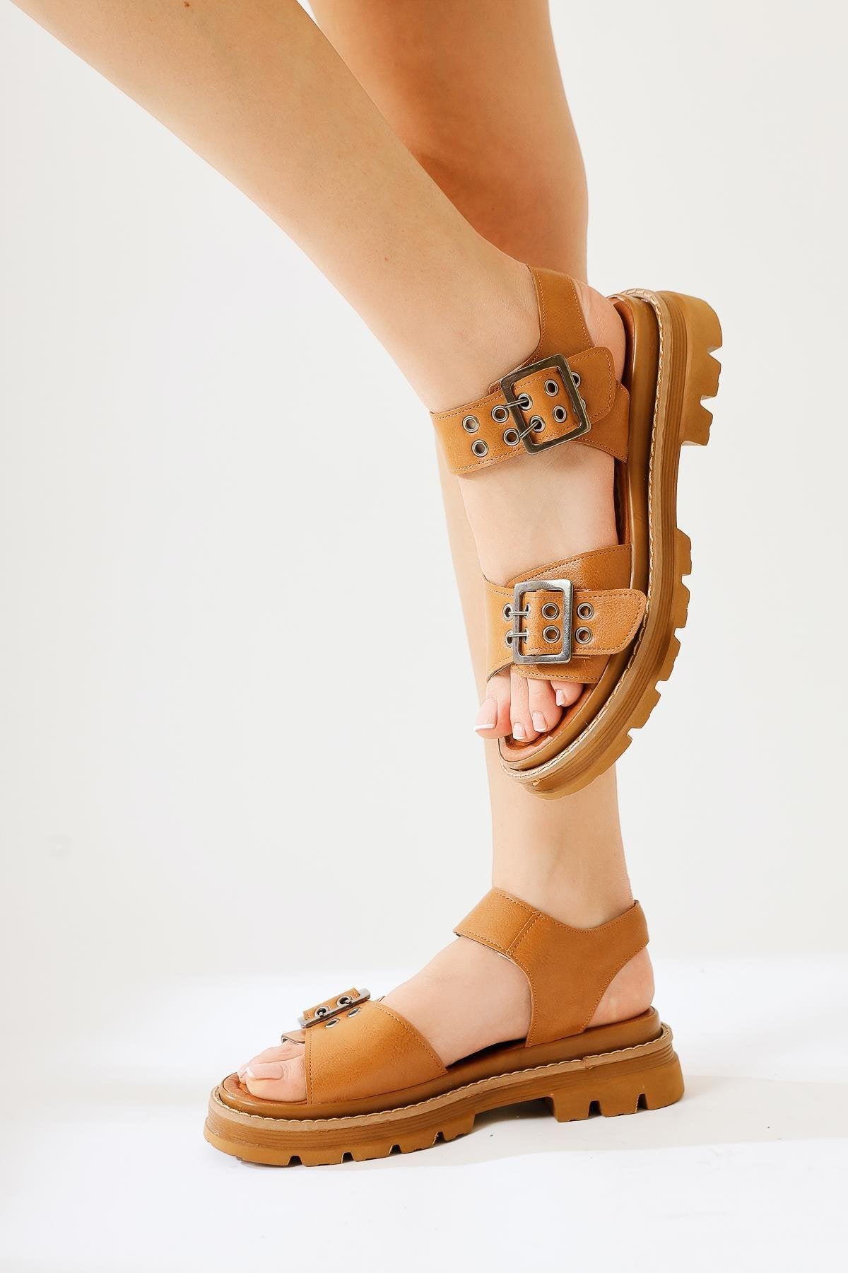 Tamera Tan Buckle Detail Thick Soled Sandals