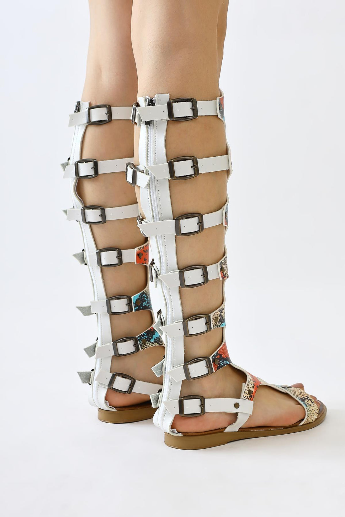 Echtes Leder Lilith Weiß-Farbig Schlangenleder Muster Damen Gladiator Sandale