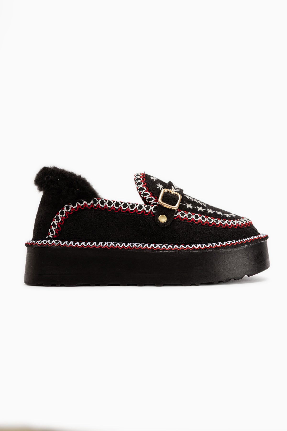 Lexi Black Suede Embroidered Buckled Fur Women’s Shoes