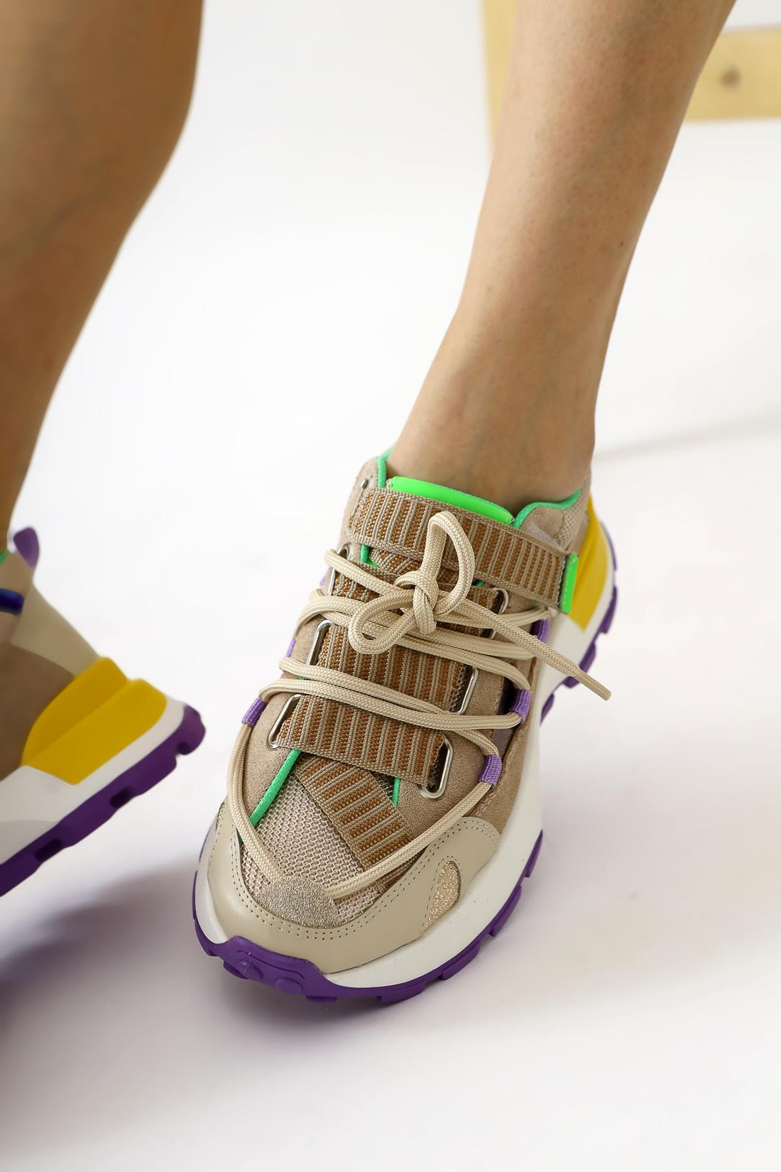Nely Beige Asymmetric Lace-Up Sneakers