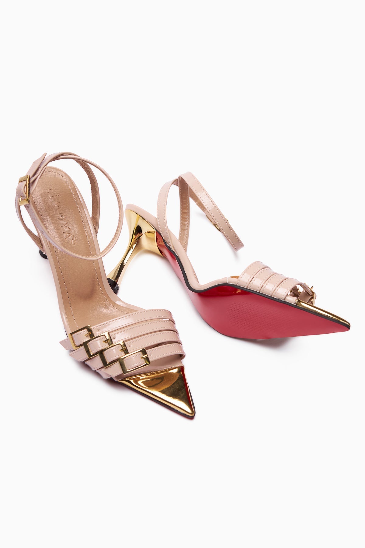 Helna Beige Gold-Schnallen Stiletto Knöchelriemen Damen Sandalen