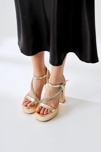 Marcel Gold Creased Patent Leather Thin Stoned Strapped Platform High Heel Shoes