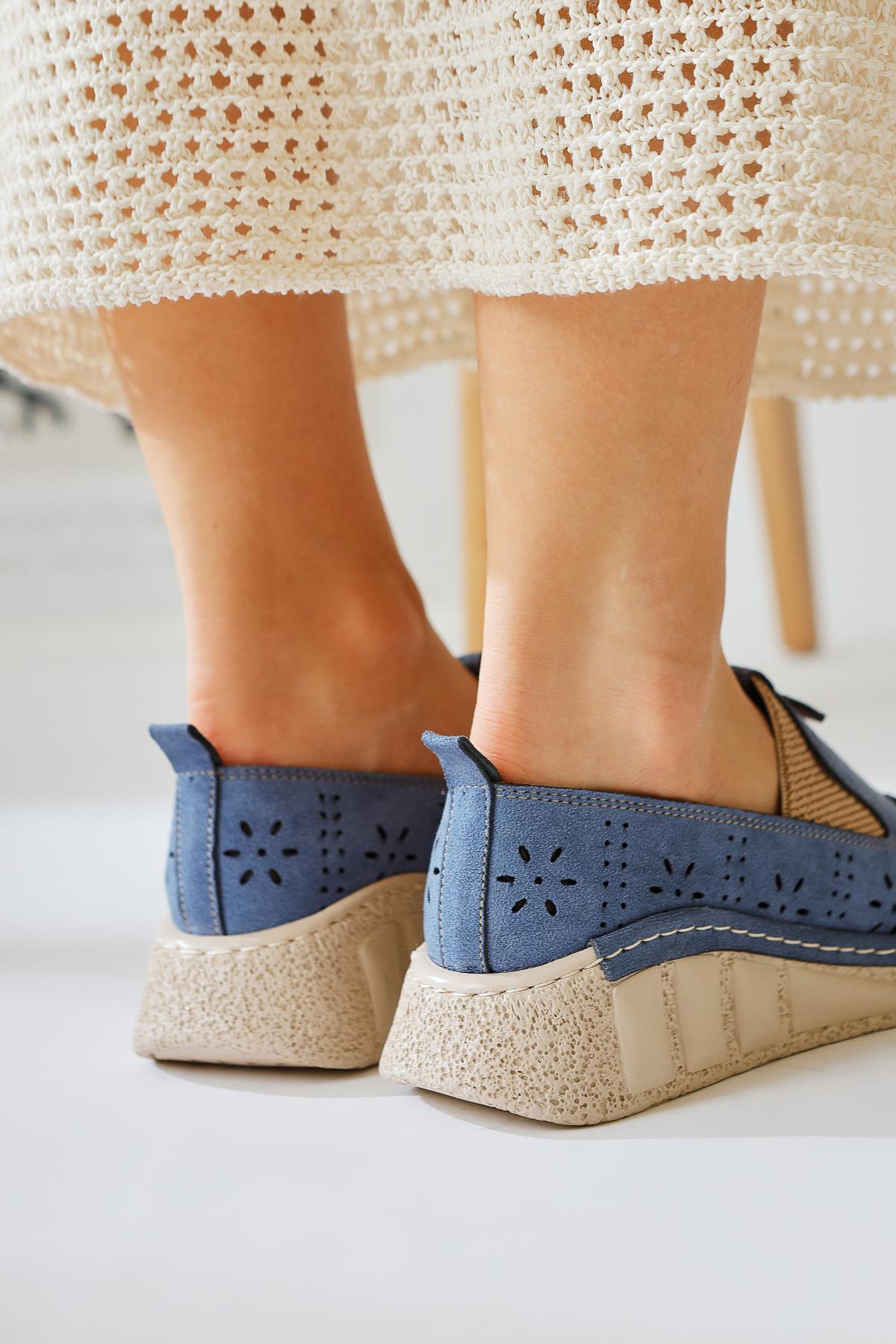 Bethina Blue Suede Rivet Detailed Laser Perforated Ballerinas