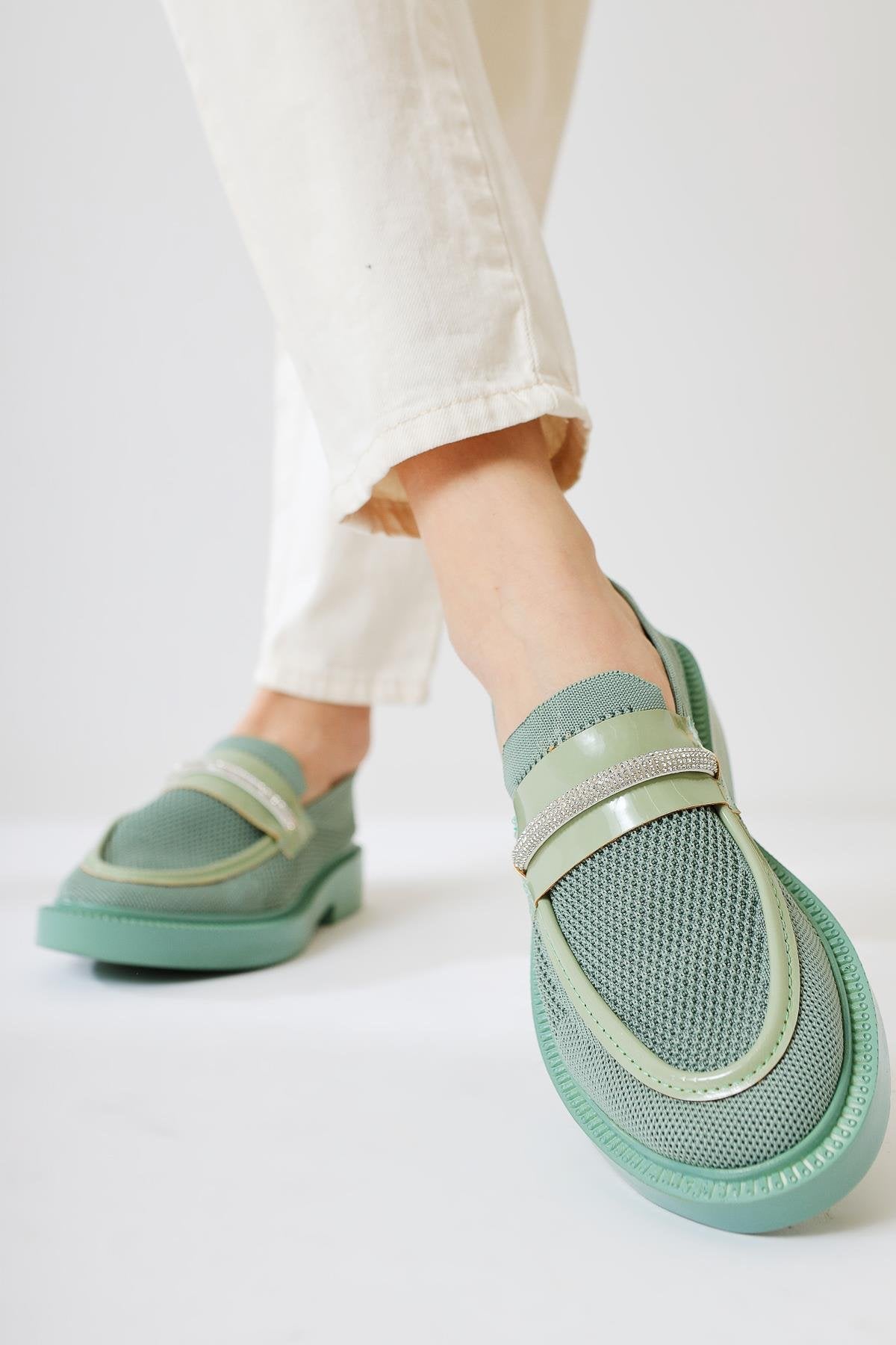 Micka Green Knit Patent Leather Detailed Stone Banded Casual Shoes