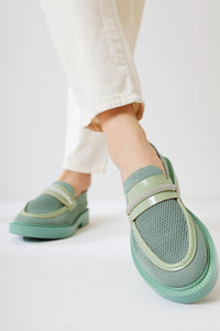 Micka Green Knit Patent Leather Detailed Stone Banded Casual Shoes