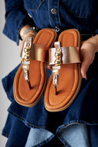 Petya Echtes Leder Taba Steinverzierte Damen Flip Flops