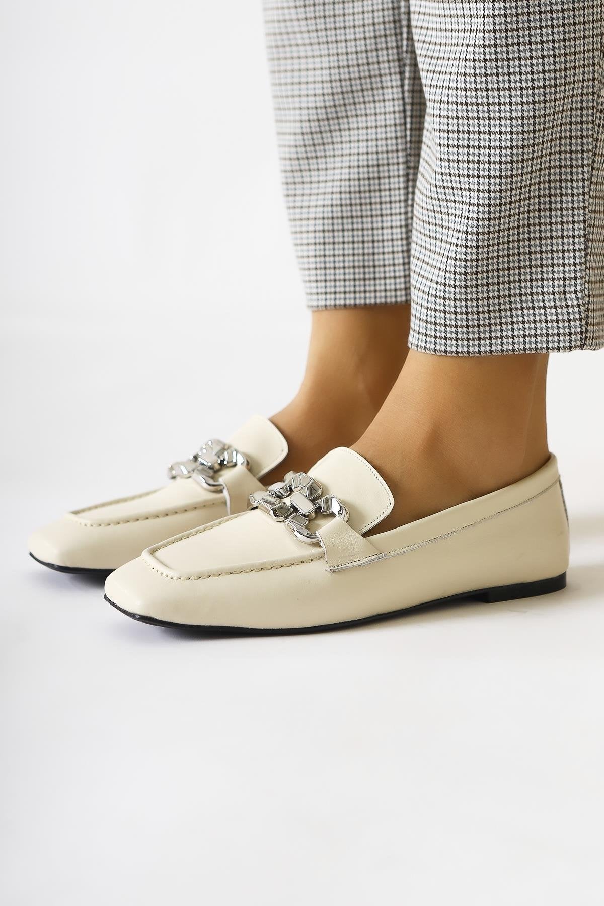 Asmin – Genuine Leather Beige Buckle-Detail Round-Toe Casual Shoe (Women)