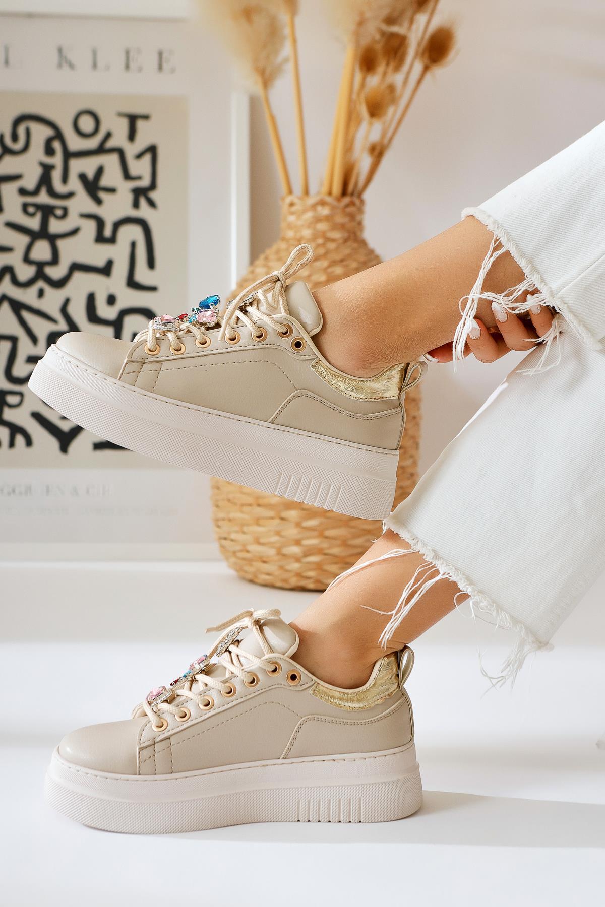 Deena Beige Thick Soled Stone Detail Sneakers