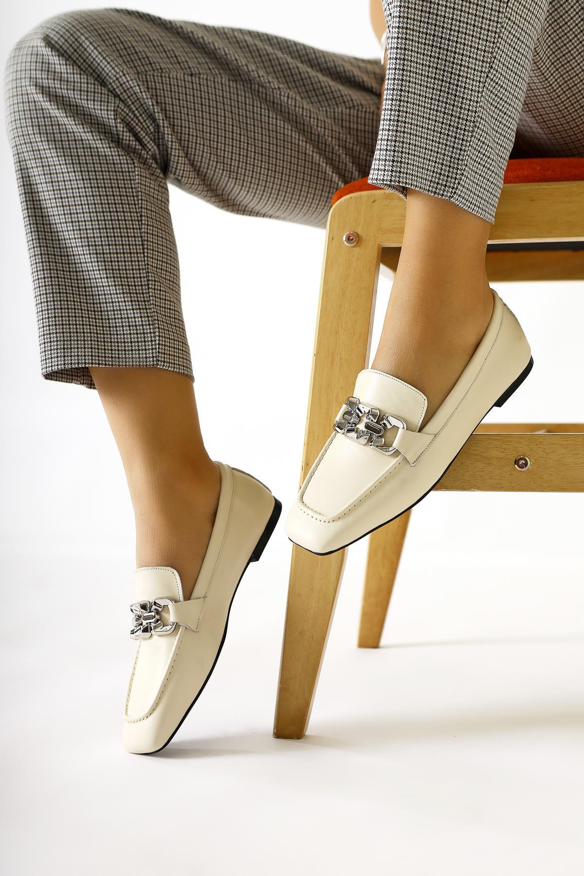 Asmin – Genuine Leather Beige Buckle-Detail Round-Toe Casual Shoe (Women)