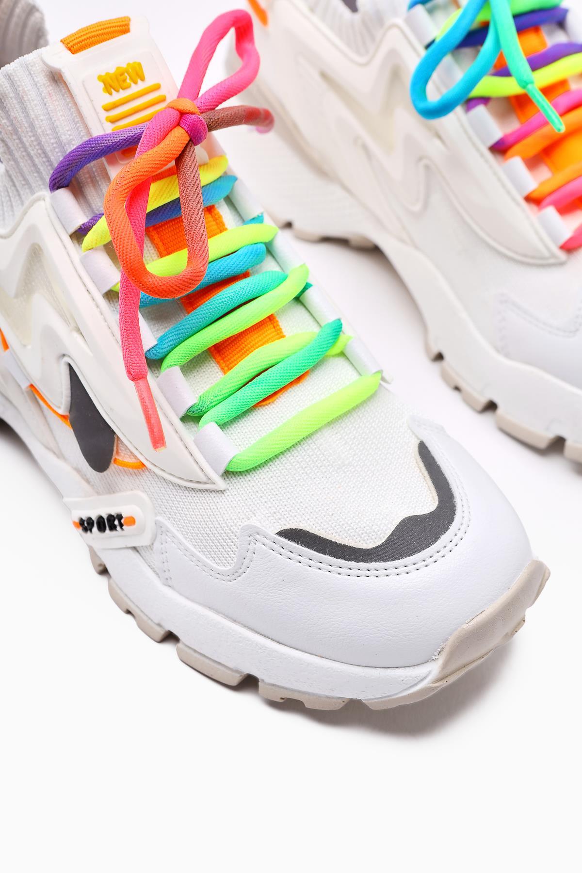 Anabell Beyaz Triko Süet Detaylı Renkli Bağcıklı Kadın Sneakers