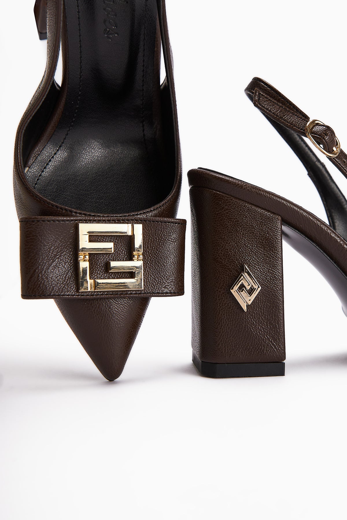 Yupin Brown Closed Toe High Heel Women's Shoe with Metal Detail