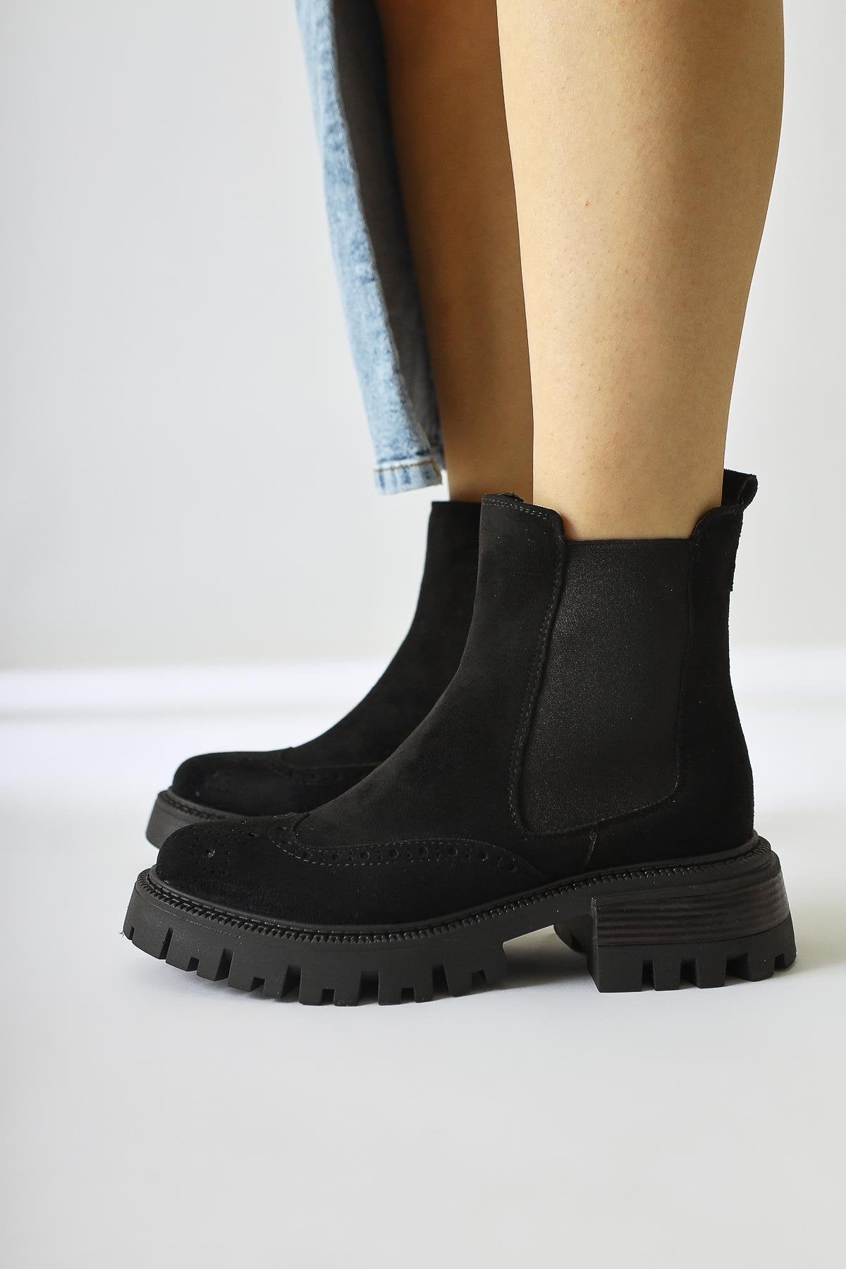 Leyah – Black Suede Laser-Cut Elastic Boot (Women)