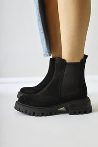 Leyah – Black Suede Laser-Cut Elastic Boot (Women)