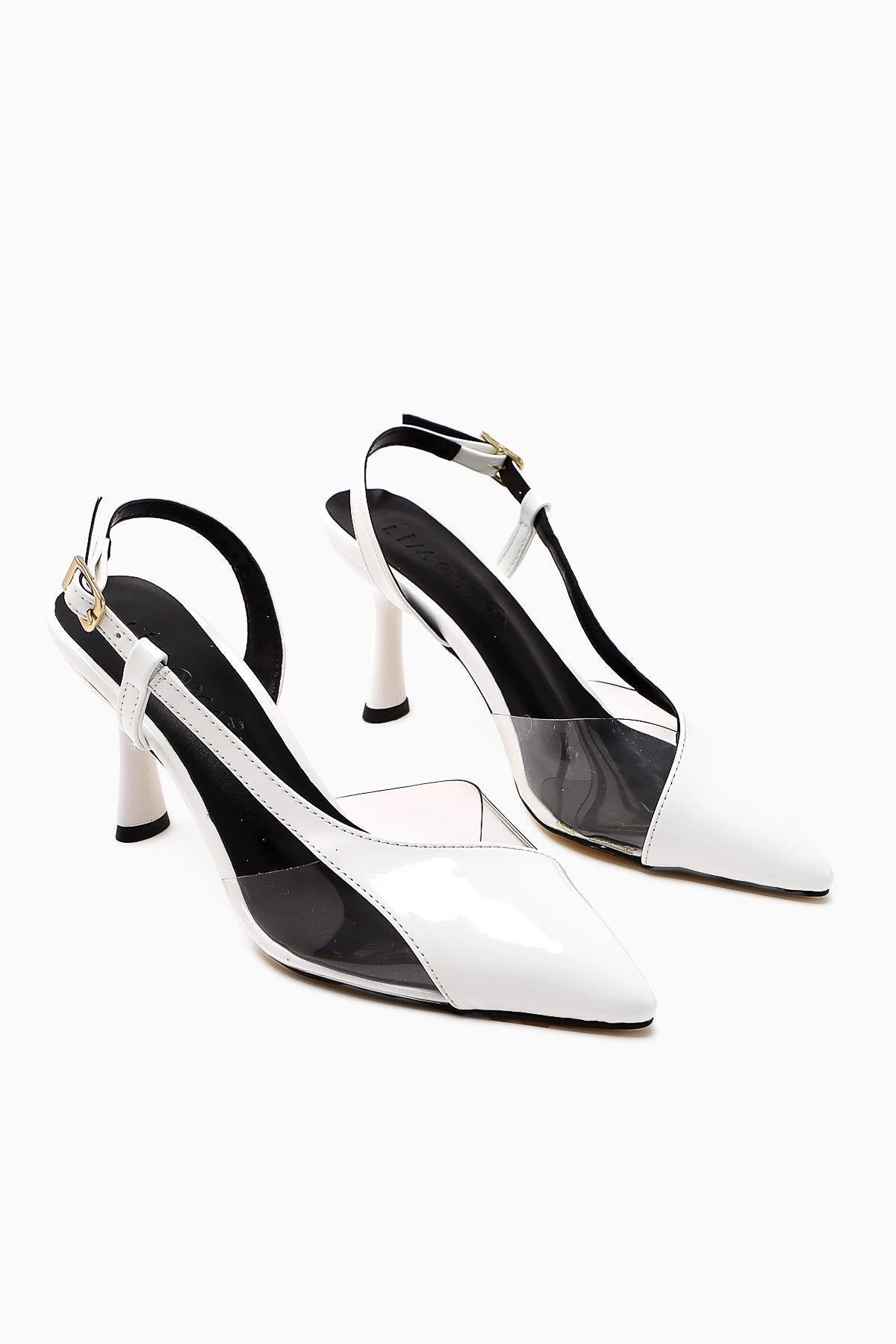 Aliah White Patent Leather Pointed Toe Transparent Detail Thin Heel Women's Shoes