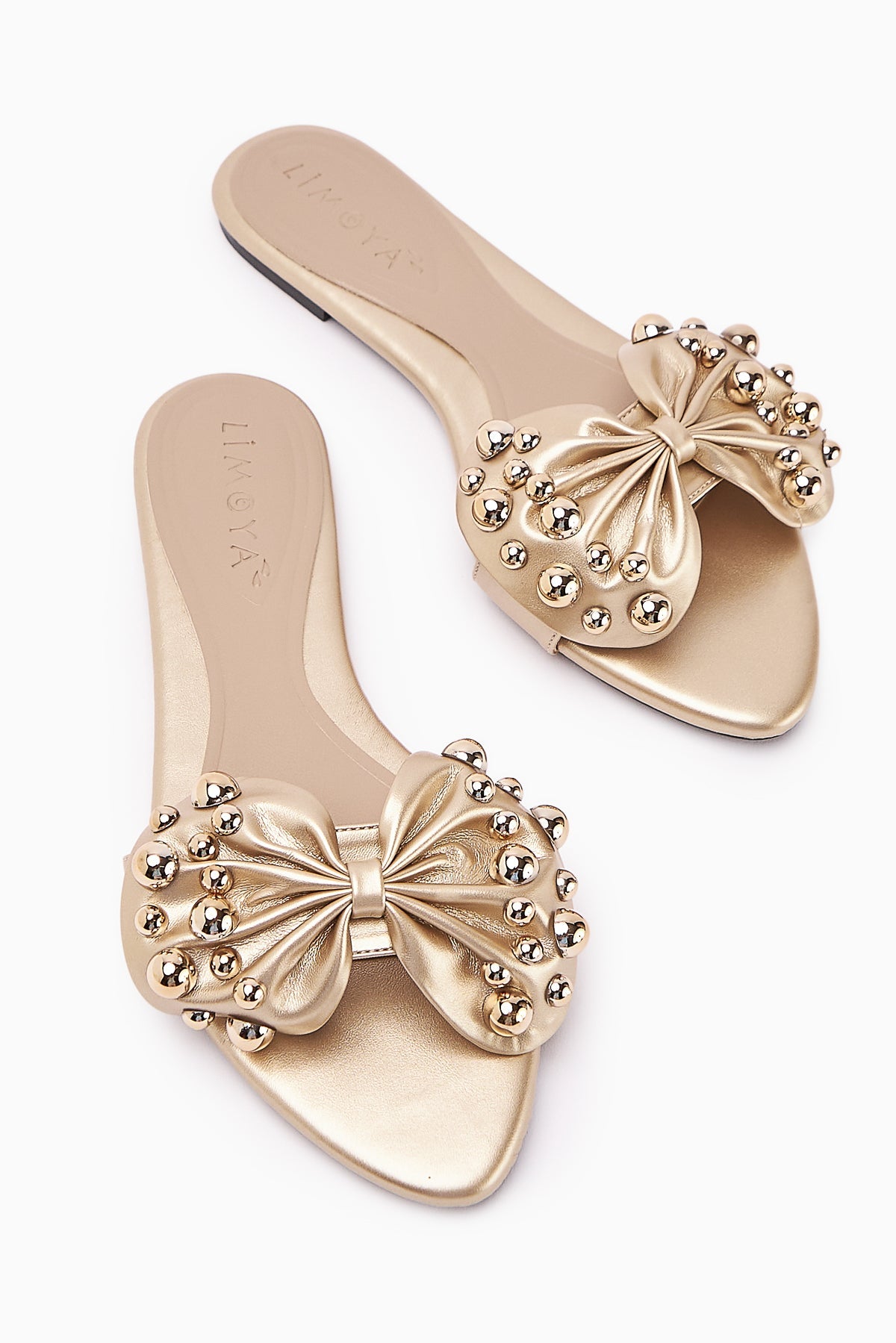 Dotty Women's Gold Slippers with Bow and Studs