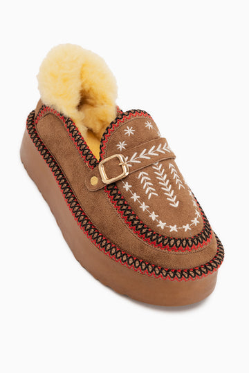Lexi Tan Suede Embroidered Buckled Fur Women’s Shoes