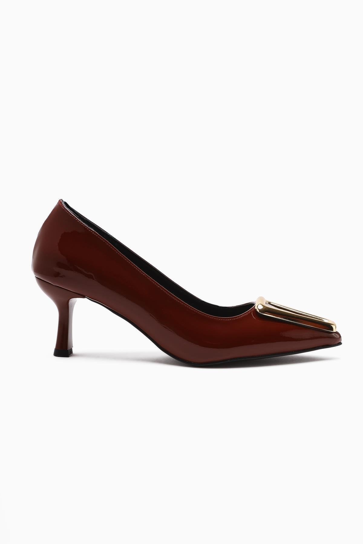 Carla Claret Red Patent Leather Pointed Toe Buckle Detailed Heeled Women's Shoes