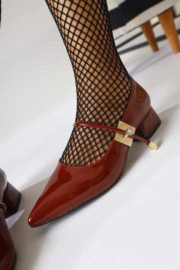 Micha – Burgundy Patent Pointed-Toe Single-Strap Buckle-Detail Low-Heel Everyday Shoe (Women)