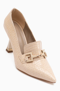 Stiliani Beige Krokodil Druck Leder Schnallen Detail Damen Absatzschuhe