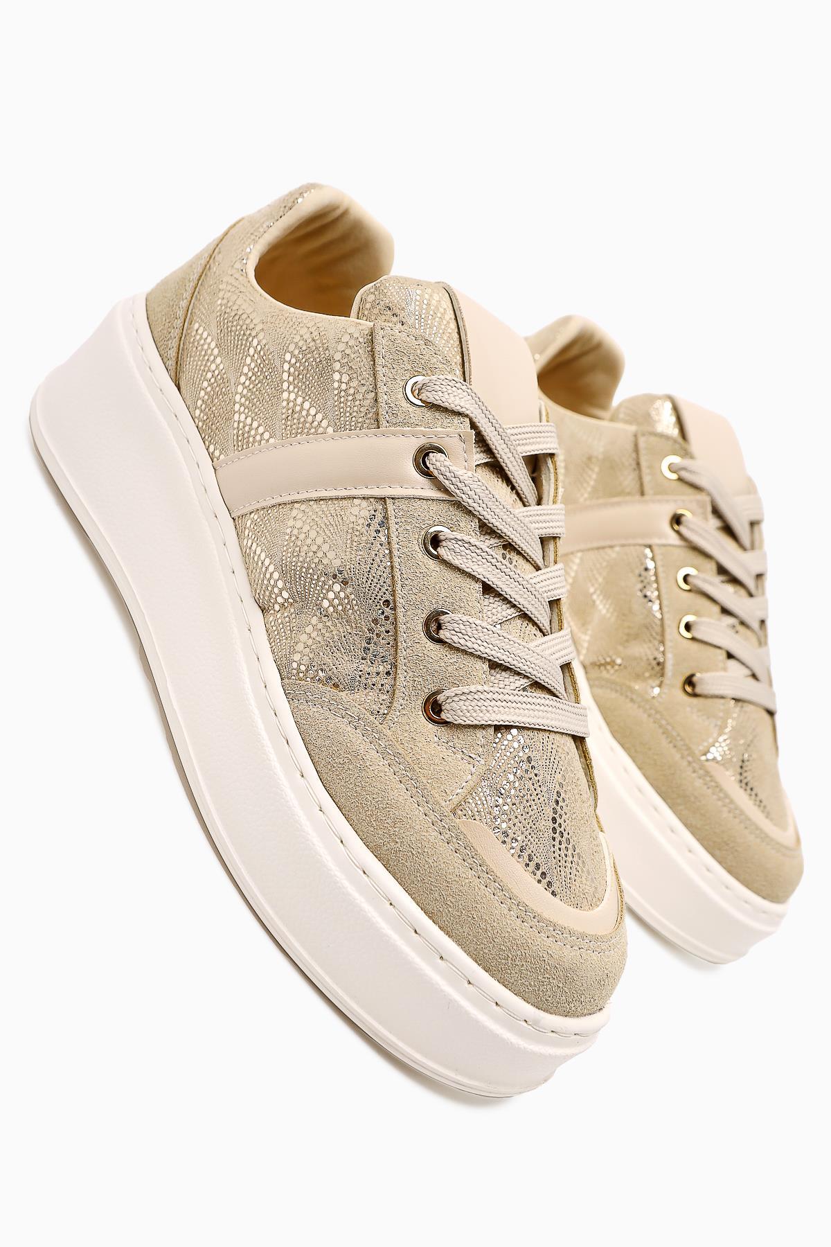 Julissa Beige Suede Shiny Patterned Thick Sole Women's Sneakers