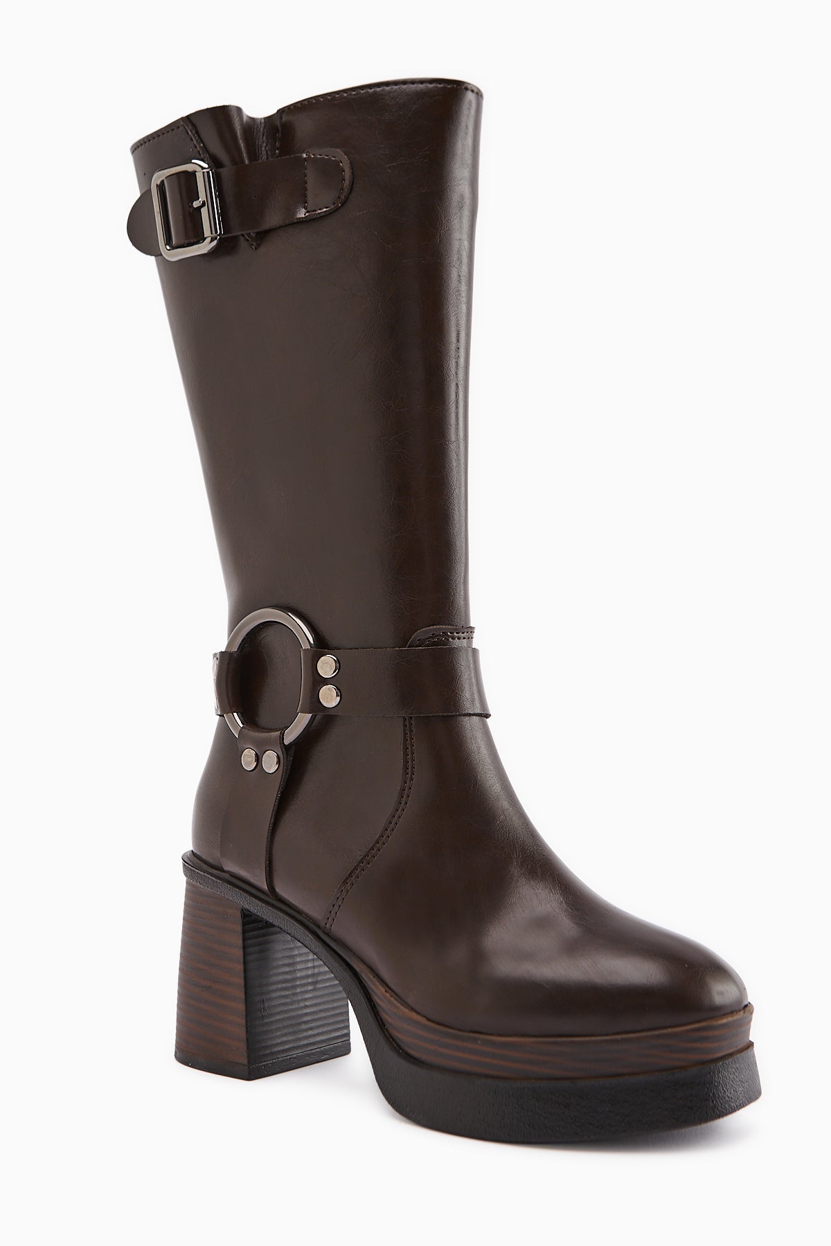 Beris Coffee Buckle Detailed Platform Heeled Women's Boot