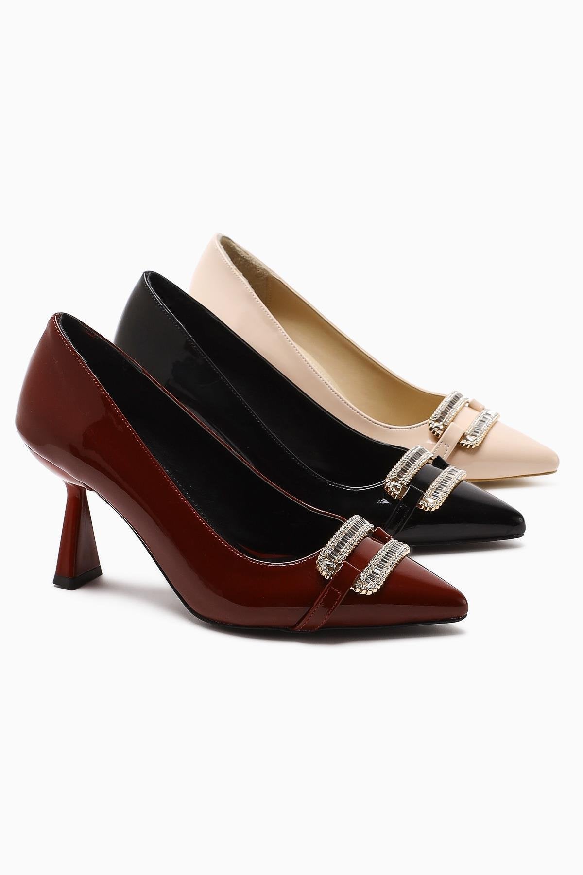 Ania Black Patent Leather Pointed Toe Stone Buckle Detailed Heeled Women's Shoes