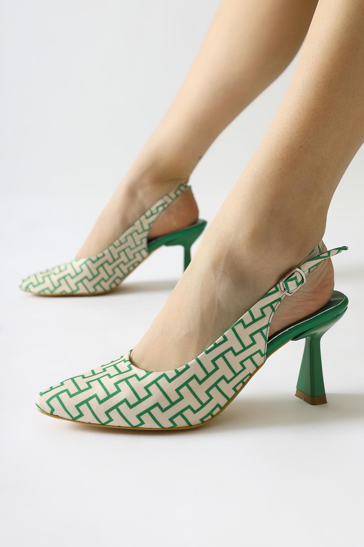 Ernesa Green Geometric Patterned High Heel Shoes