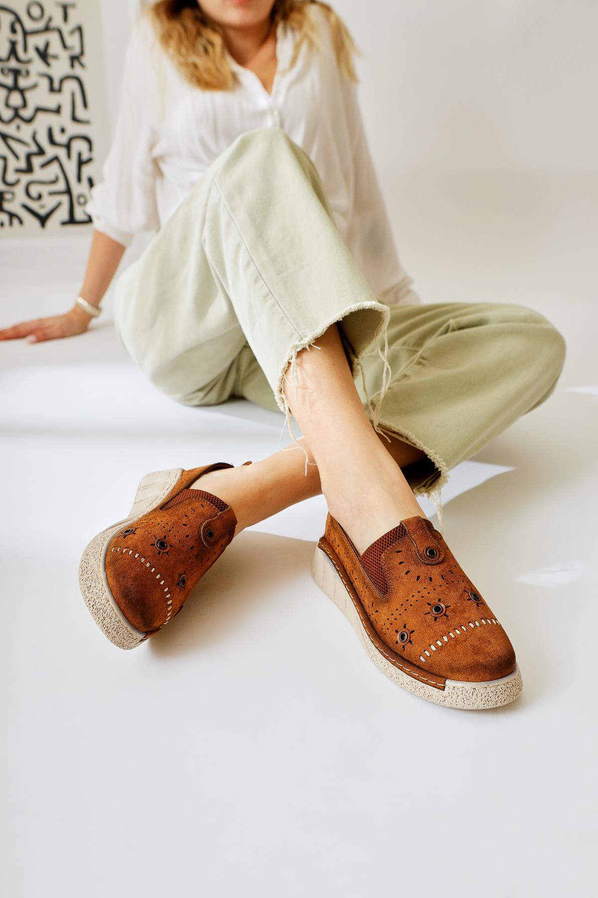 Bethina Tan Suede Rivet Detailed Laser Perforated Ballerinas