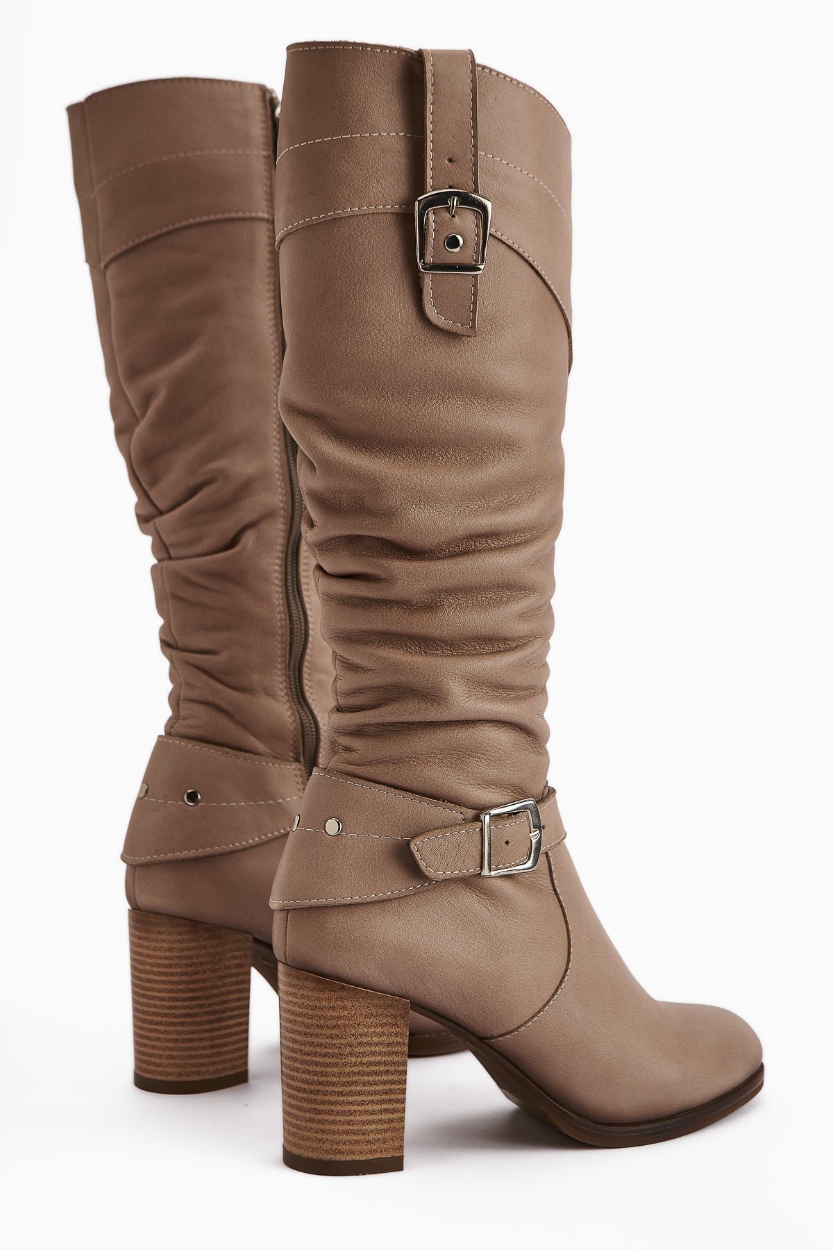 Ting Genuine Leather Mink Buckle Detail Women's Heeled Boot